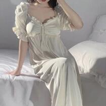 French princess style pajamas female summer 2021 New Ice Silk Belt chest pad nightgown sweet lace long