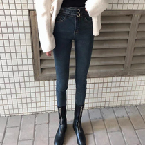 Black high-waisted jeans womens small feet pants 2021 New plus velvet thick skinny pencil trousers