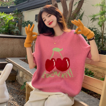 Big code Early spring cherry knit cardiovert T-shirt t 2022 new fat mm short sleeve sweater sweaty foam sleeve blouse
