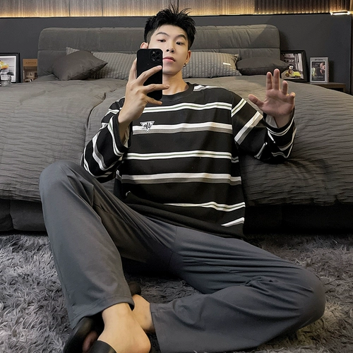 Мужская осенняя пижама, хлопковый лонгслив, штаны для отдыха, комплект, большой размер