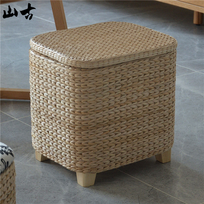 Storage stools household rattan woven low stool table side solid wood round stools into the door can sit people change shoes stools