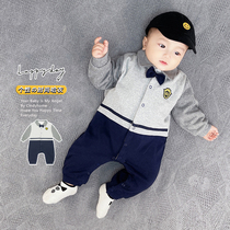 2021 newborn baby autumn and winter jumpsuit English gentleman lapel boy baby cotton plus velvet foreign style climbing suit