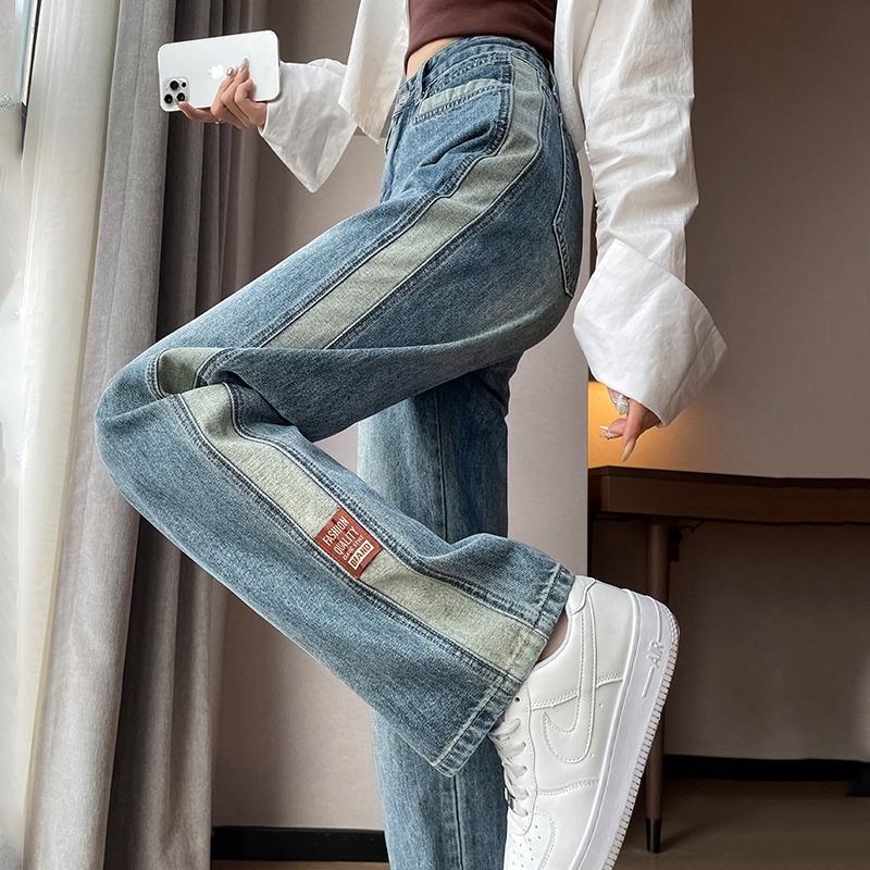 Straight denim women's small loose fitting casual drape wide leg pants 2023 autumn high waisted patchwork floor mop pants