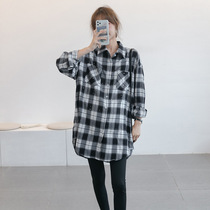 Autumn new maternity dress personality fashion lapel check shirt shiny crystal foreign style long tide hot mother shirt