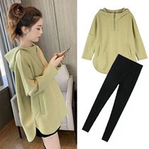Pregnant womens long autumn womens spring and autumn fashion hooded jacket loose net red suit pregnant women autumn and winter two