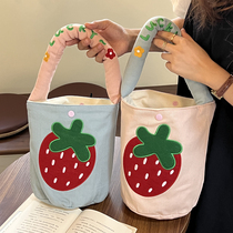 2023 New Minority Portable Canvas Bag Girls Simple and Cute Strawberry Student Hands Carrying Lunch Bag Bucket Bag Girls