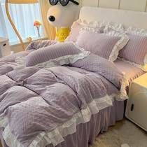 Korean version of cotton bed skirt four-piece bubble quilt cover nude sleeping light luxury quilt cover cotton sheet bed cover style princess style