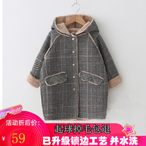 Girls woolen coat 2021 Spring and Autumn New thick Foreign girl hooded long plaid woolen coat
