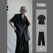 QS Design High-end super wild black shoulder pads oversize short-sleeved silhouette suit Super A suit suit men