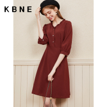 Red dress women kbne2022 autumn dress new temperament celebrity V neck cropped sleeves waist thin skirt