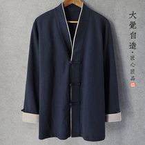 Original cotton linen Chinese style Tang suit robe coat mens autumn Chinese style improvement retro buckle Hanfu Zen clothing mens tide