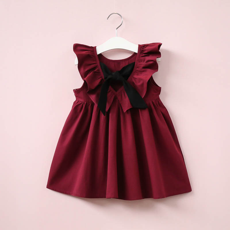 European and American style summer children's clothing new baby girls' bow pleated open back dress dress with ruffles