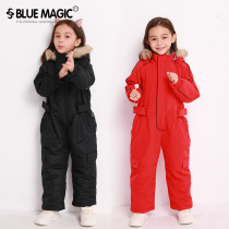 Red waterproof and windproof padded warm childrens ski suit Ski pants set solid color simple one-piece ski suit