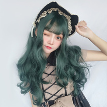 Dark green wig female Polaris linen green large wavy long curly hair non-mainstream personality full headgear long hair