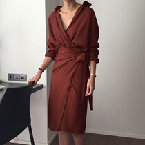 Korean chic French niche autumn dress design slim lazy wind strap wrap-up shirt V-neck dress tide