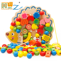 Childrens Beaded Wooden Intelligence Toys Hedgehog Fruit Animals Beaded Rope Game Beading