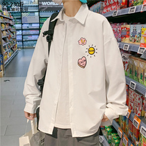 Long-sleeved shirt Mens autumn trend fat plus size jacket design sense Niche Hong Kong style wild bear printed shirt