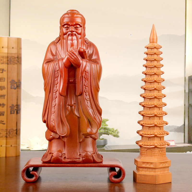 孔子像 木彫り 置物 工芸品 デスク飾り 書斎 インテリア 約15cm哲学者