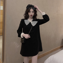 French retro bow collar dress womens 2021 spring and autumn new loose thin temperament small black skirt tide