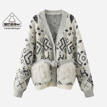 2021 Winter new small fragrant wind V collar single-breasted belt knitted cardigan womens 2D4E522