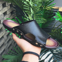 Word-lined male tide anti-slip and deodorant leather slippers male beach semi-tug driving slippers outside wearing soft-bottom men cool tug