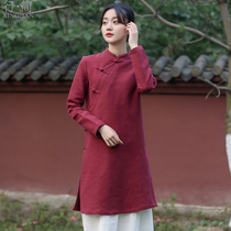 Cotton linen Tang womens coat long Chinese style Chinese womens vintage tea clothing Zen literary clothing tea art clothing