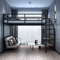 Wrought iron elevated adult loft style second floor save space to bed empty table overhead household duplex single double bed