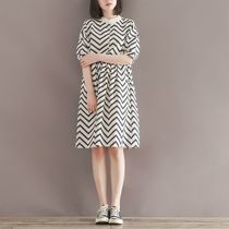 Pregnant women summer clothes 2021 new cotton and linen striped wave sleeve shirt dress medium long loose dress tide mom