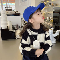 Blue little Dad childrens clothing girls 2021 new autumn and winter clothes checkerboard knitwear baby Foreign coat childrens sweater