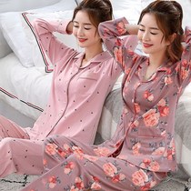 Double Pocket M-4XL Plus Fat Plus Size Pajamas Women Spring and Autumn Long Sleeve Cardigan Loose Lunar Suit Set