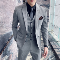 Stripe suit suit mens three-piece casual Ruffian small suit Korean version of slim groom handsome wedding dress tide
