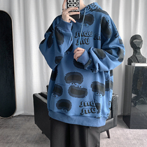 Klein blue niche cartoon hooded sweater male spring and autumn oversize fried street Ruffian handsome college style pullover jacket