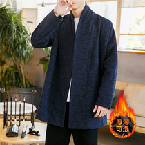 Chinese style spring and autumn plus velvet cloak style Tang suit mens long cardigan robe linen tea suit Zen coat