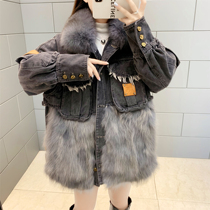 Winter hair fox fur collar stitching denim fur coat women 2021 new high end down liner Parker