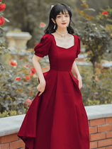 2021 summer new French niche retro temperament Red little dress waist long skirt square collar dress children
