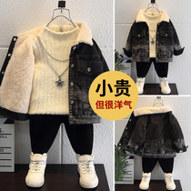 Boy plus velvet denim jacket autumn and winter foreign style 2021 new childrens thick baby winter jacket jacket