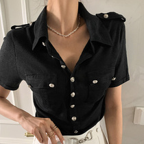 2021 summer New temperament Joker retro coat tide ins Super fire heavy industry metal buckle knitted shirt Women