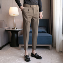Coffee pants mens high nine points small feet English suit pants autumn hair stylist dress belt double pleated trousers