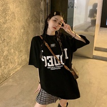 Net red ins Super fire loose thin long black cotton short sleeve T-shirt female summer 2021 chic top
