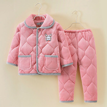 Childrens pajamas female padded flannel boy baby coral velvet set Girl Three-layer cotton home wear winter