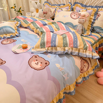 Cute bear cartoon pattern four-piece set cotton cotton bed skirt Childrens bedding Princess wind girl heart quilt cover single