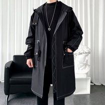 Black windbreaker medium long mens cloak spring and autumn hooded coat coat coat autumn mens loose overclothes