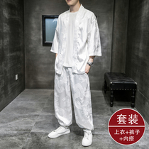 Chinese style mens summer mens Hanfu suit thin retro style fairy Tide brand Youth Tang suit short sleeve robe