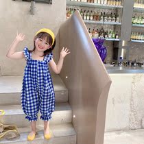 Girls Strap pants 2021 summer new female baby Korean plaid jumpsuit little girl foreign style mosquito pants tide