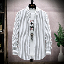  Striped long-sleeved shirt Mens spring and autumn trendy autumn loose ruffian handsome Japanese shirt summer thin inch shirt jacket