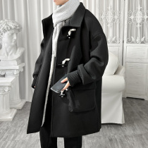 Winter plus velvet horn button coat mens jacket Korean version of the trend casual Tide brand lamb wool wool trench coat cotton suit