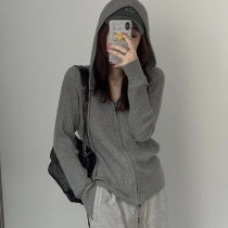 Tide brand solid color Foreign charm hooded long sleeve knitted sweater 2021 Autumn New zipper cardigan womens top