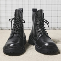 Leather Martin boots mens autumn and winter high English wind plus velvet middle gang casual black locomotive leather casual mens shoes