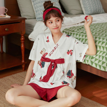 Momjiao pajamas womens spring and summer pure cotton short-sleeved Japanese cute kimono small thin home clothes two-piece set