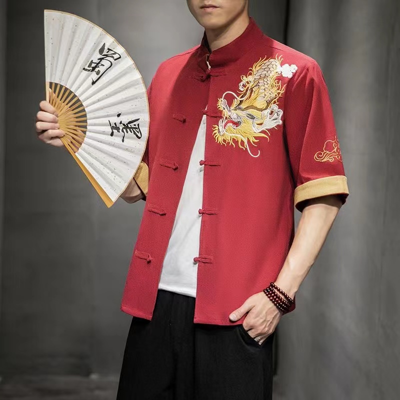 中国风撞色盘扣中袖唐装男夏季中式复古龙纹刺绣宽松五分短袖衬衫